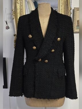 Zara Black Bouclé Double-Breasted Blazer with Gold Buttons